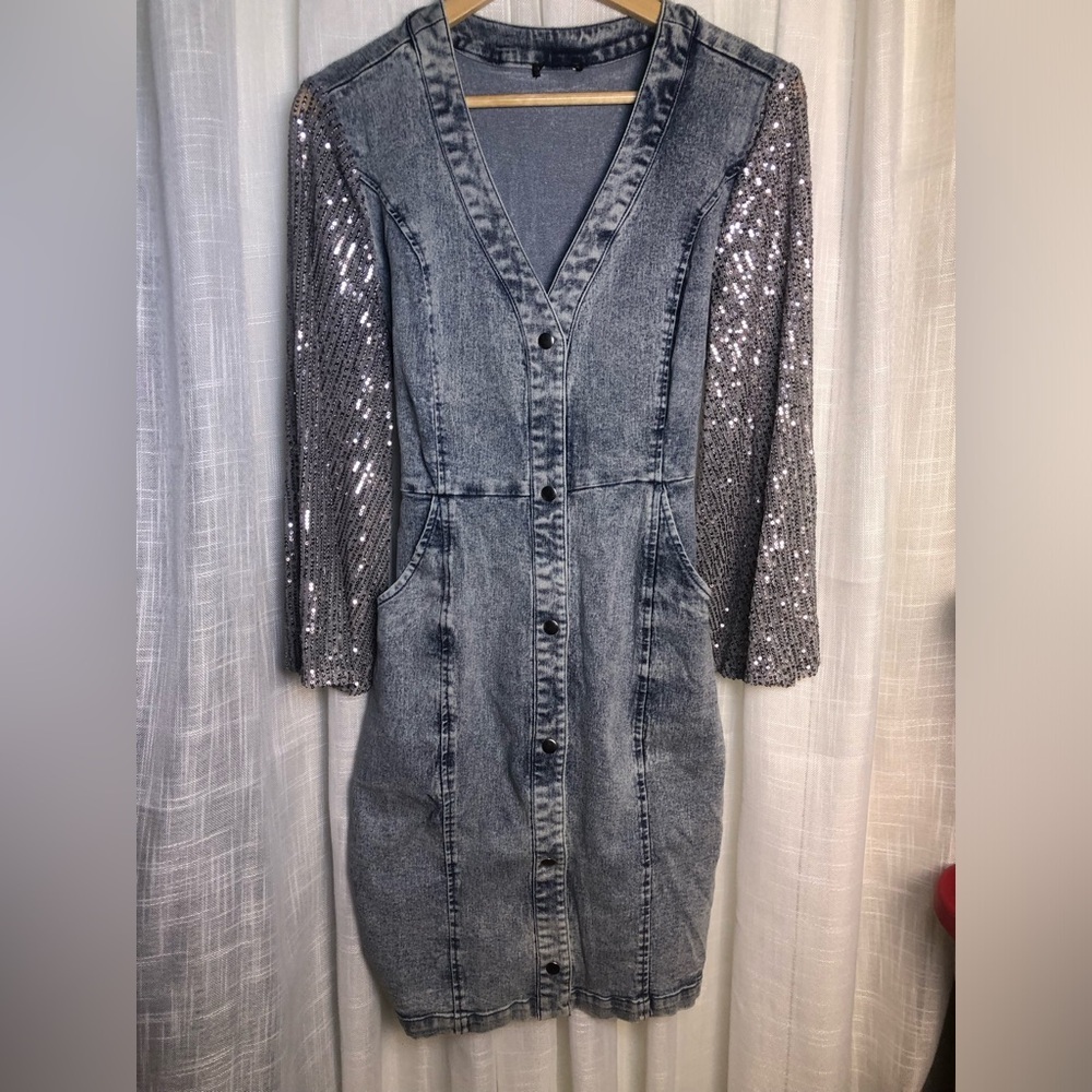 VENUS Silver-Sequin Sleeve Acid Wash Denim Dress
